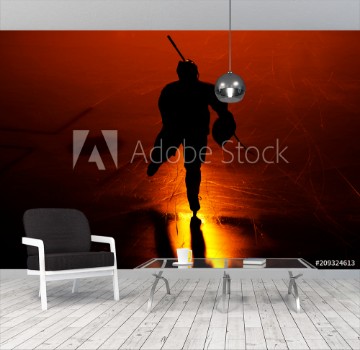 Picture of one man ice hockey player in arena silhouette isolated on black background